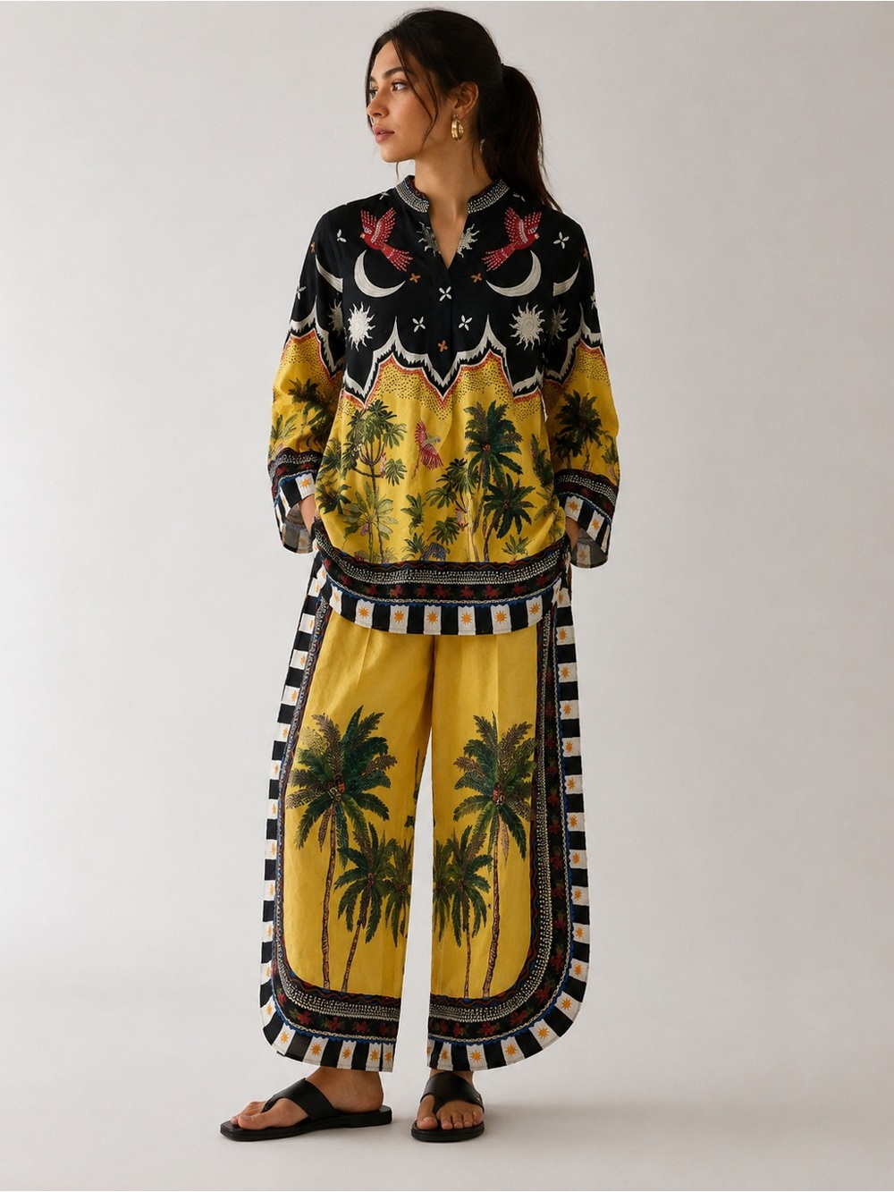 ETHNC Yellow Black Tropical Palm Print Celestial 2 Piece Outfit Set Sz S Boho